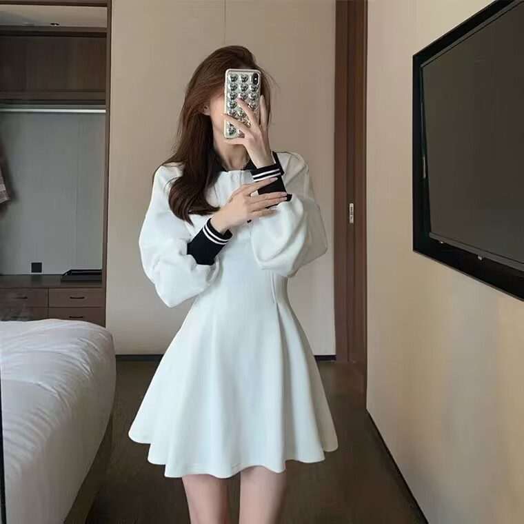 French retro coffee break college style white long-sleeved polo dress early autumn 2024 new style...
