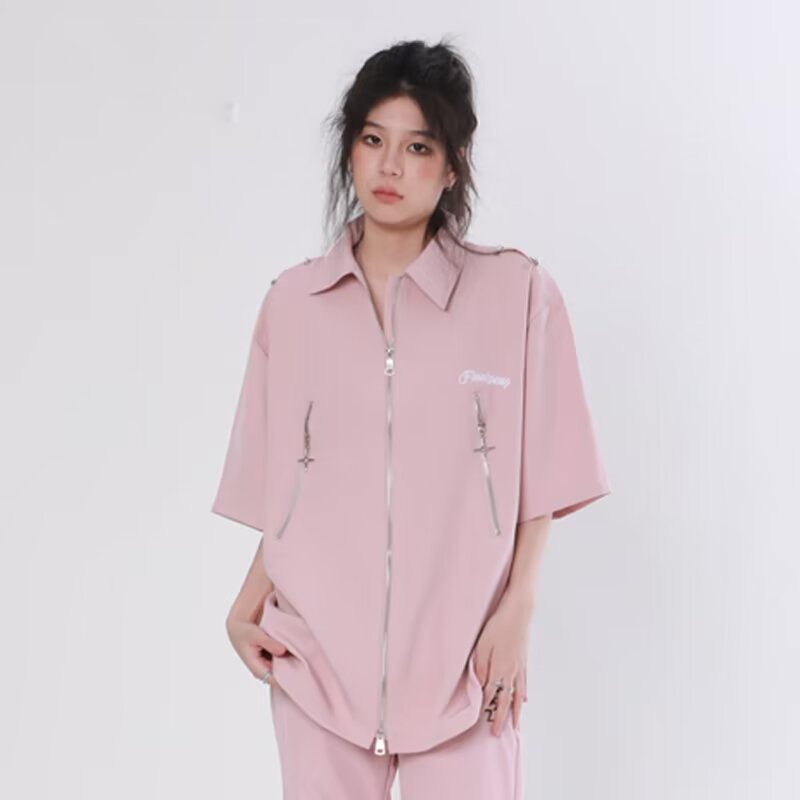 美式復古雙拉鏈短袖襯衫男女夏季潮牌寬鬆休閒百搭半袖襯衣外套潮