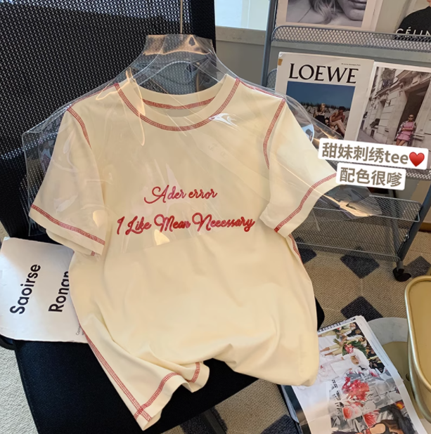 純棉後包條200克精梳緊密 新款短袖t恤女字母刺繡 天貓質量