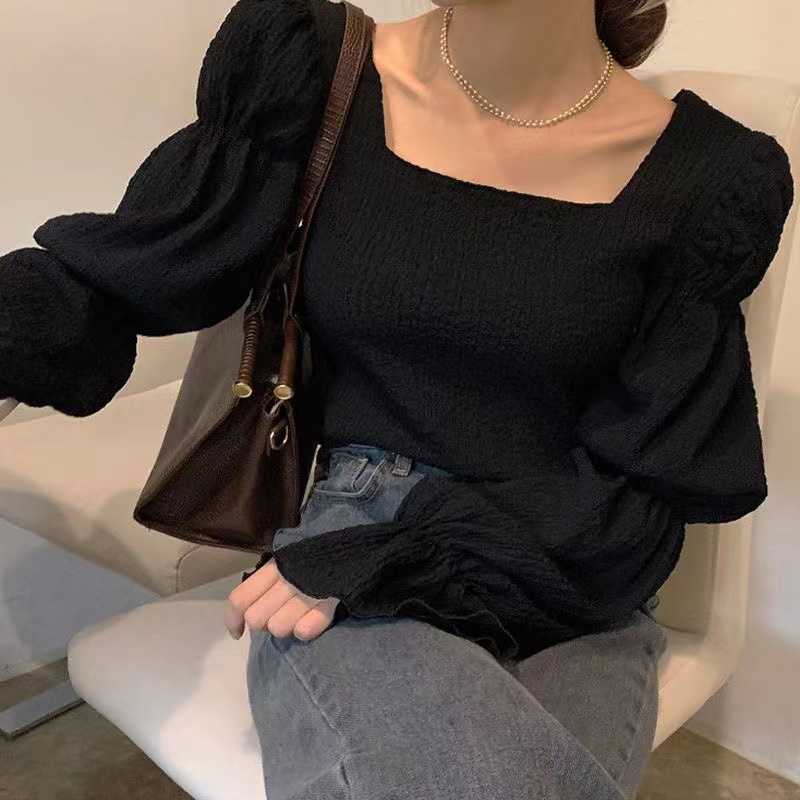 韓國chic復古暗黑系顯瘦方領漏鎖骨皺褶泡泡棉寬鬆喇叭袖襯衫上衣