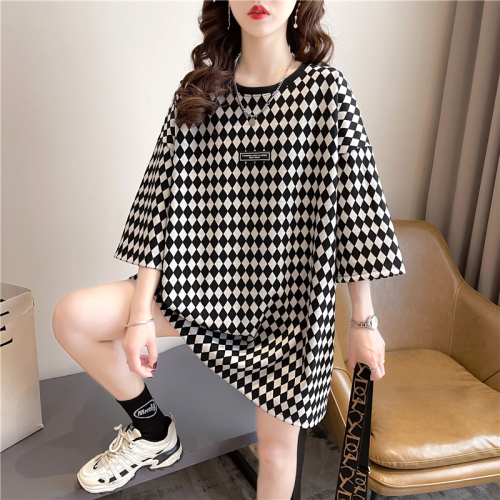 Real shot summer Korean style loose round neck plaid top mid-length large size short-sleeved T-shirt for women