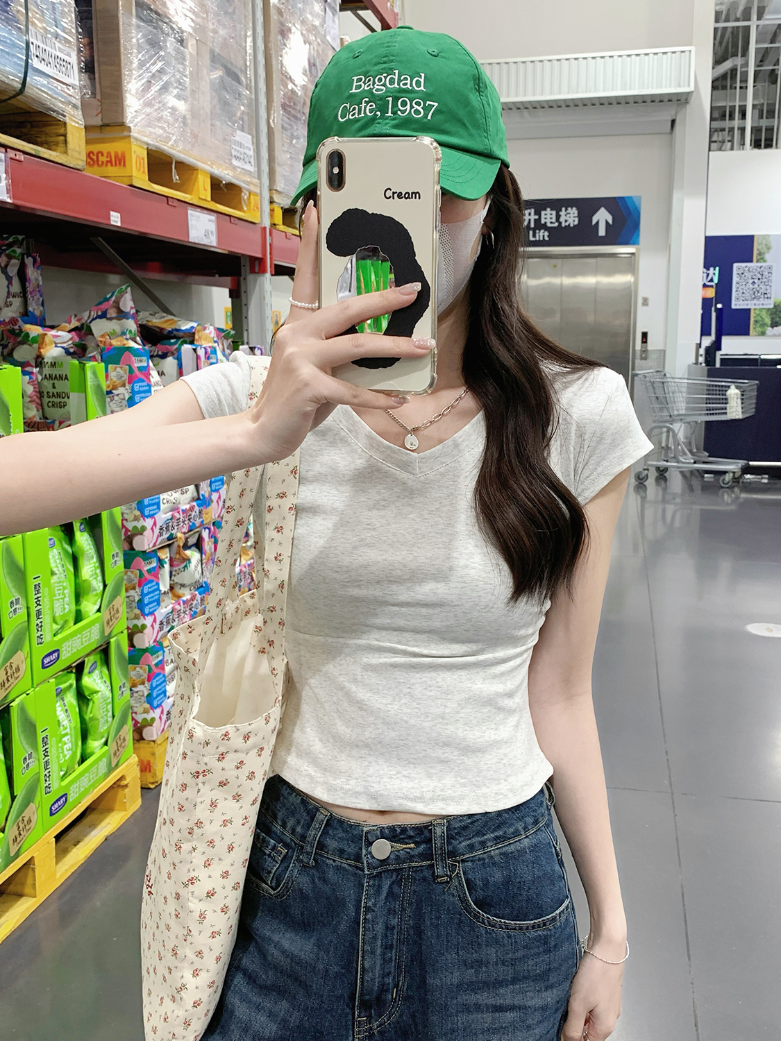 Real shot of pure cotton summer short-sleeved V-neck slim T-shirt for women American sweet and spicy short top