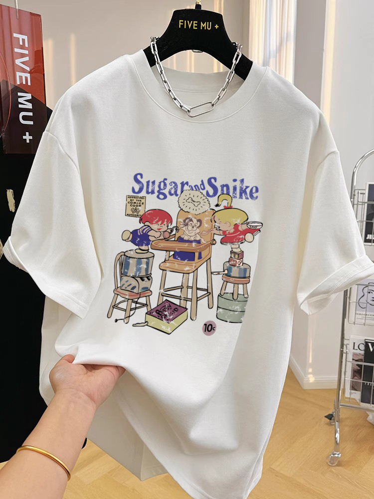 Printed round neck short-sleeved T-shirt for women spring and summer new Hong Kong style loose slimming casual versatile top