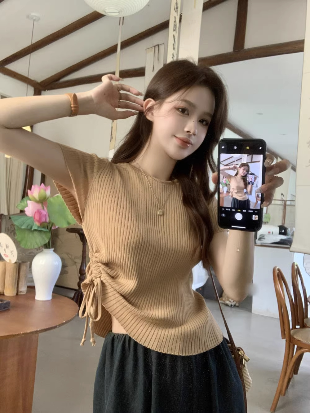 抽繩正肩t恤女2024新款復古chic修身顯瘦設計感短袖短款上衣純色