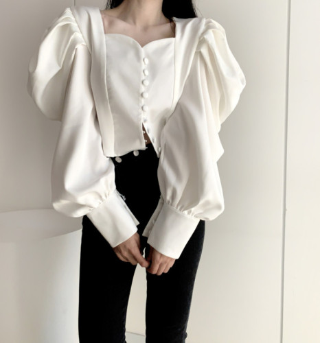 Size has been updated Korean chic new niche design puff sleeve single breasted versatile top shirt
