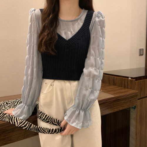 Actual shot ~ Spring new Korean style loose bud sleeve pleated top + V-neck short suspender solid color vest