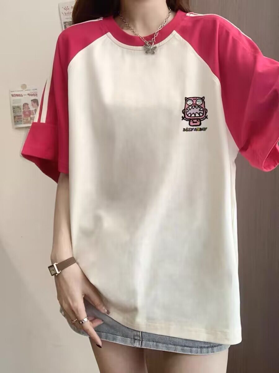 純棉200克21支精梳精密前 印花拼色三條槓落肩短袖t恤女