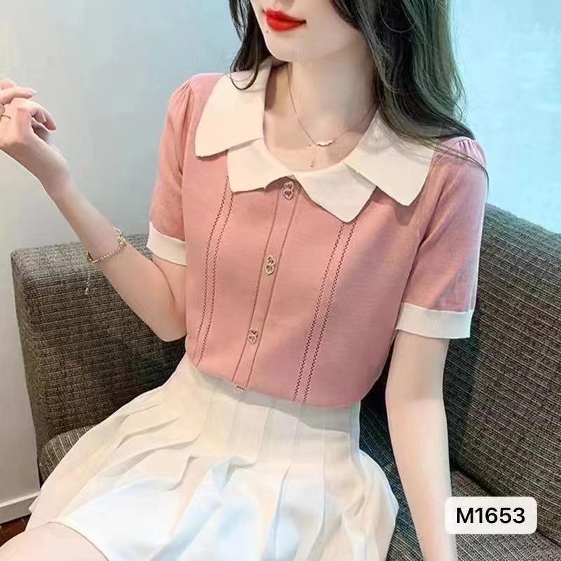 夏季新款韓版甜美氣質娃娃領拼色排扣短袖上衣女