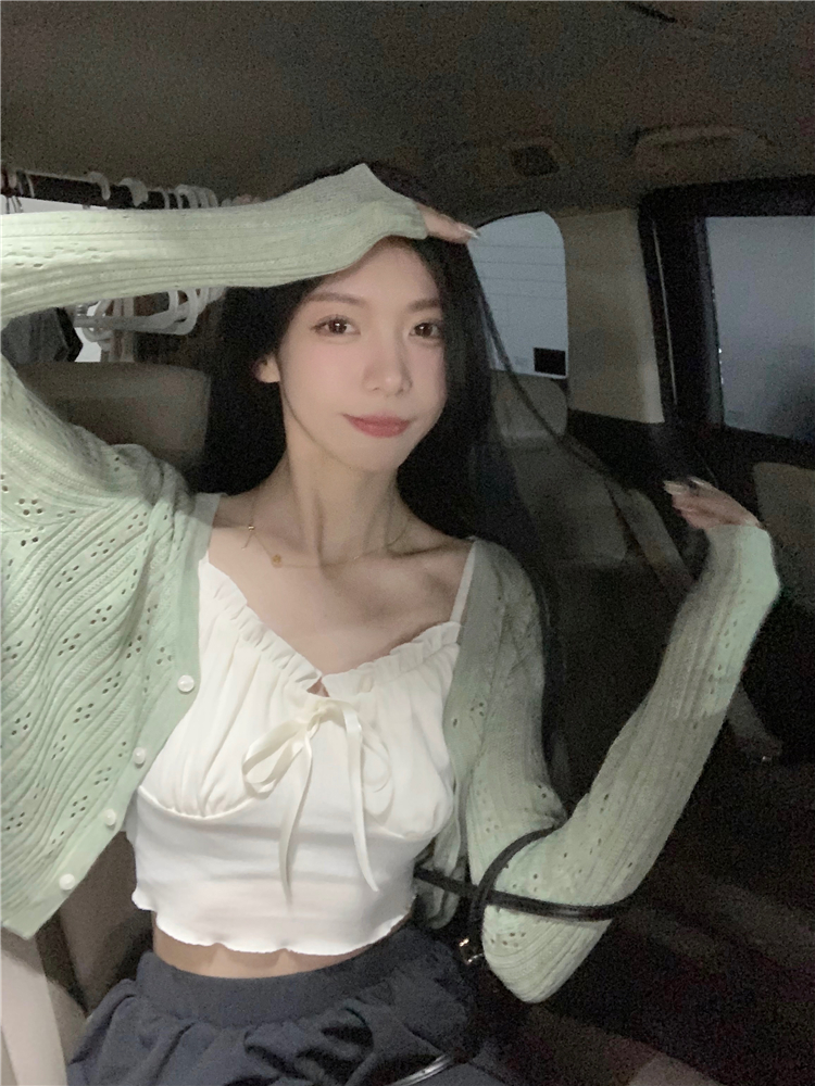實拍~吊帶背心辣妹無袖內搭上衣+鏤空針織開衫防曬上衣女