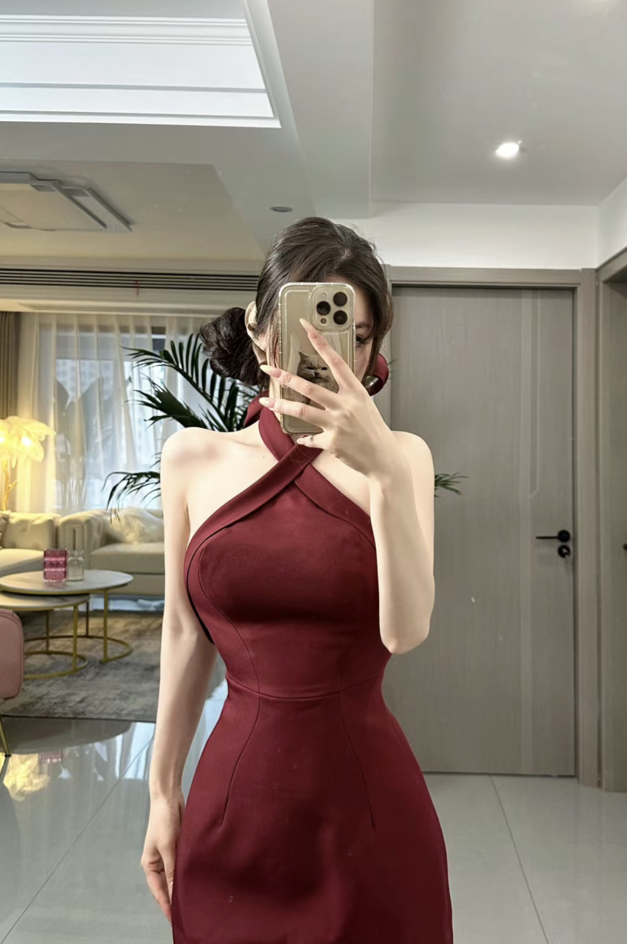 Real shot I won’t refuse Christmas and New Year’s Eve C-position shirt red bow halter neck dress