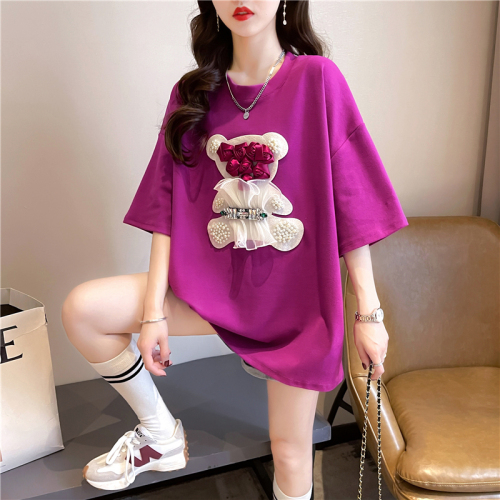 Actual shot of summer Korean style loose 6535 cotton three-dimensional cartoon hot diamond top mid-length large size short-sleeved T-shirt for women