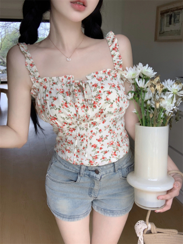 Real shot ~ French retro style floral new camisole niche short backless top