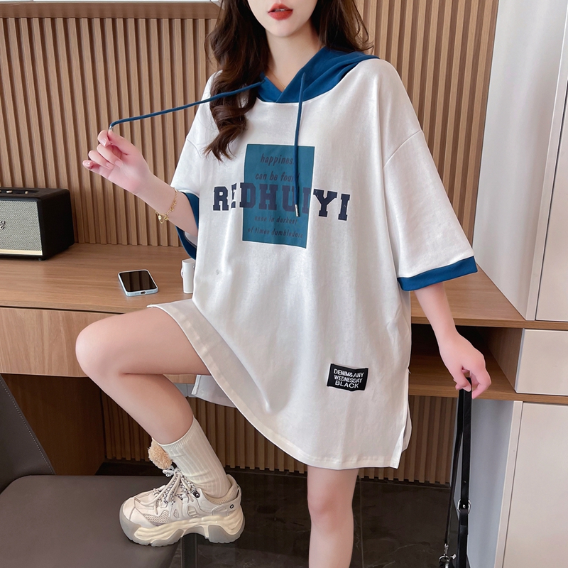 Real shot pure cotton 200g | back collar | mid-length contrasting color hooded short-sleeved T-shirt for women