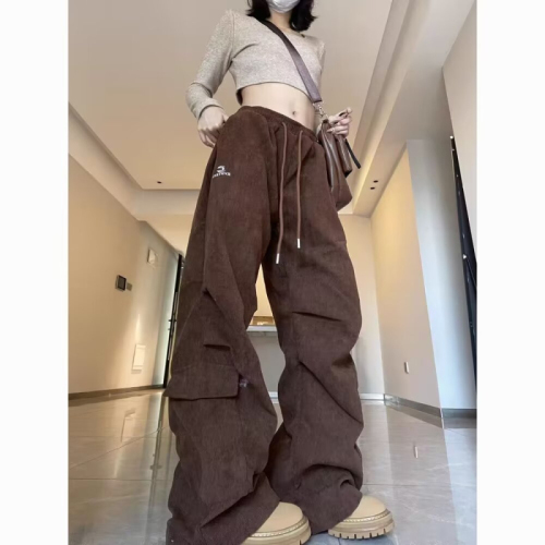 Maillard Corduroy Pants Women's Spring and Summer Brown Overalls American Retro Brown Casual Sports Pants