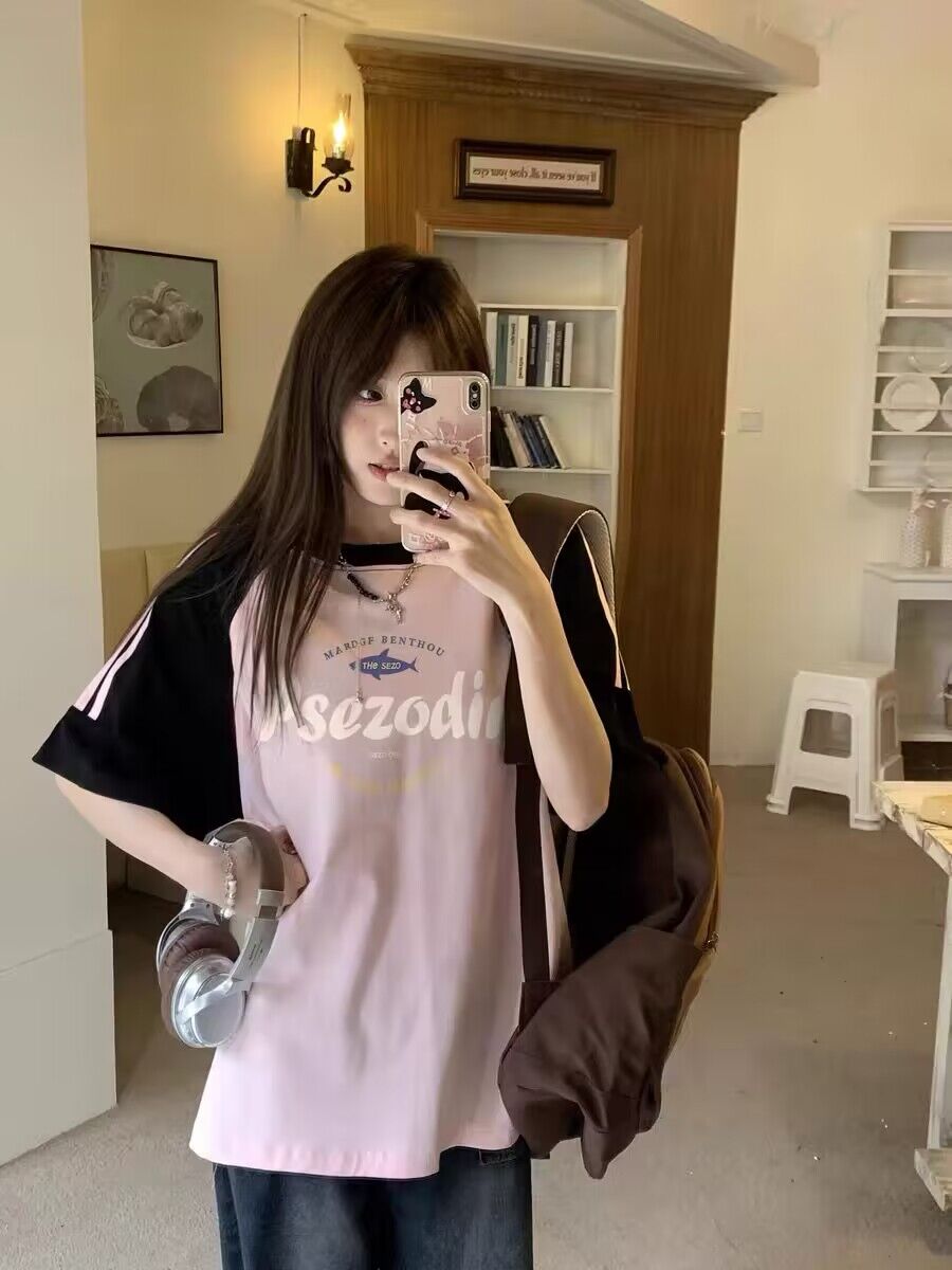 純棉200克21支精梳精密前 印花拼色三條槓落肩短袖t恤女