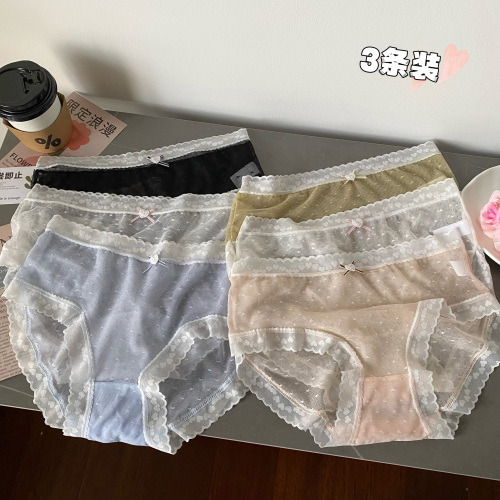 Real shot of sexy lace mesh panties for women in summer without trace for girls pure cotton crotch mid-waist leggings 3 pack