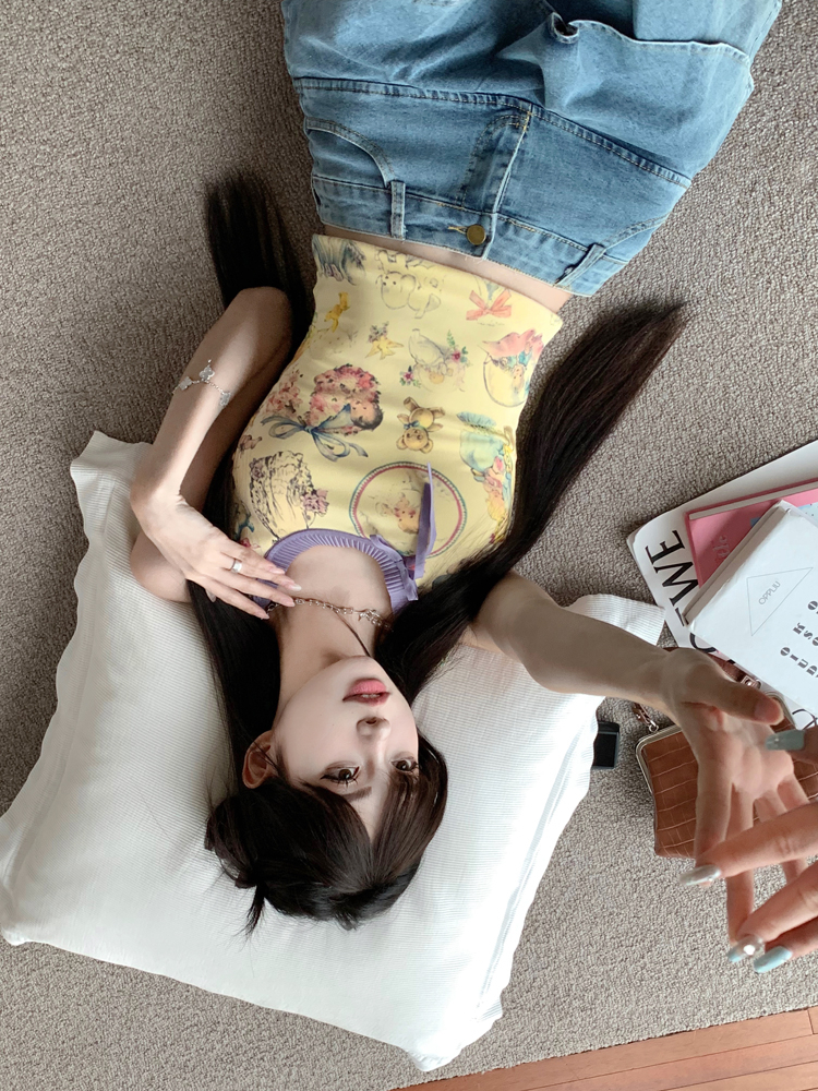 已出貨 設計感蝴蝶結印花吊帶背心女夏季撞色修身短款顯瘦上衣