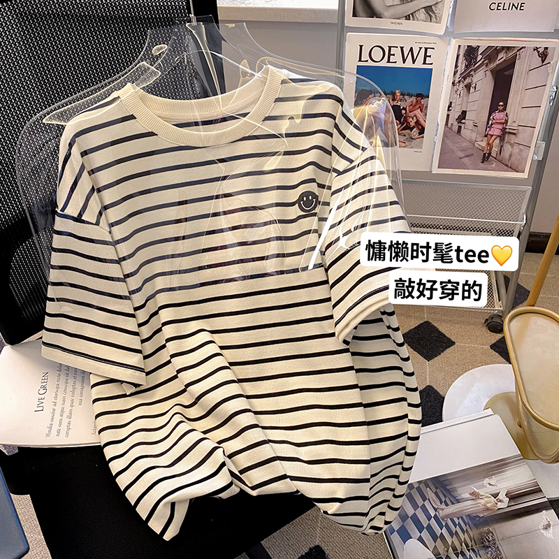 純棉後包條200克精梳緊密 新款短袖t恤女條紋+刺繡 天貓質量