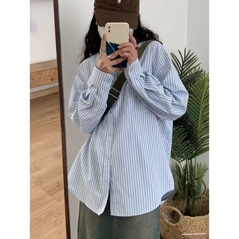 ins韓系藍色條紋長袖襯衫女春秋季學院風寬鬆休閒百搭中長款襯衣