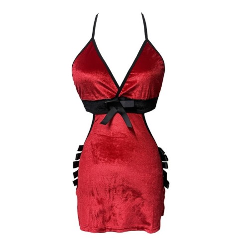 Real shot~Velvet red bow Chinese style suspender v-neck short skirt tight and hip-hugging sexy retro dress for women