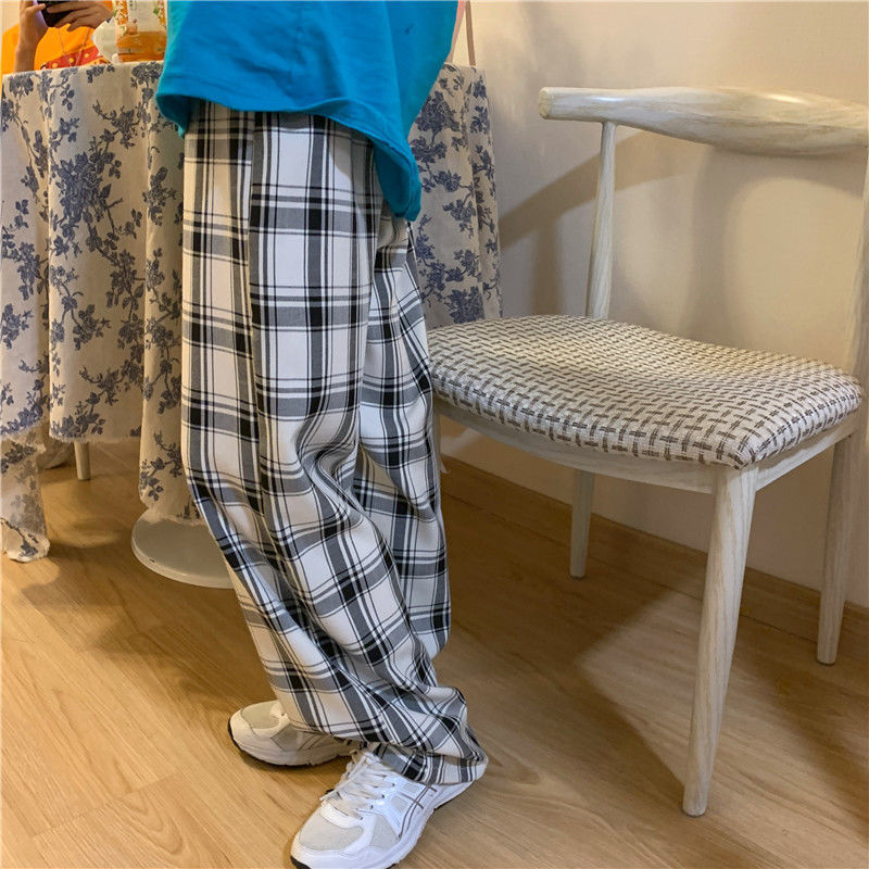200 catties fat mm large size straight pants loose plaid casual pants women's summer thin floor mopping pants versatile wide leg pants