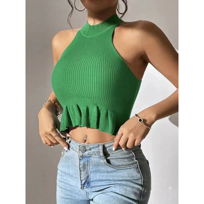 2024 summer new style European and American style round neck off-shoulder slim ruffle vest versatile top