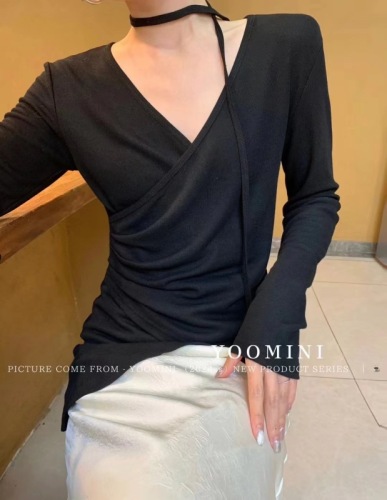 2024 spring new Korean version V-neck ribbon knitted T-shirt women's long-sleeved waist design top