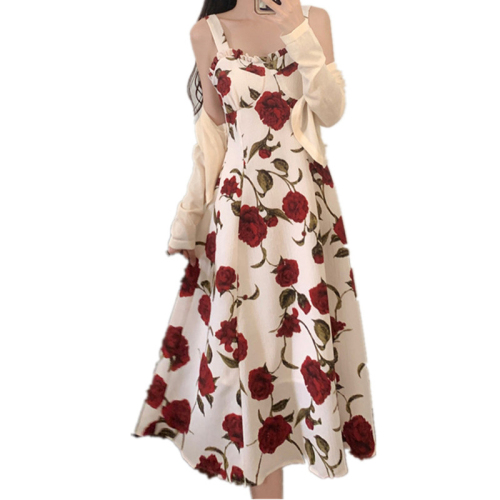 Rose floral suspender dress women's summer 2024 new tea break French style high-end temperament mid-length skirt