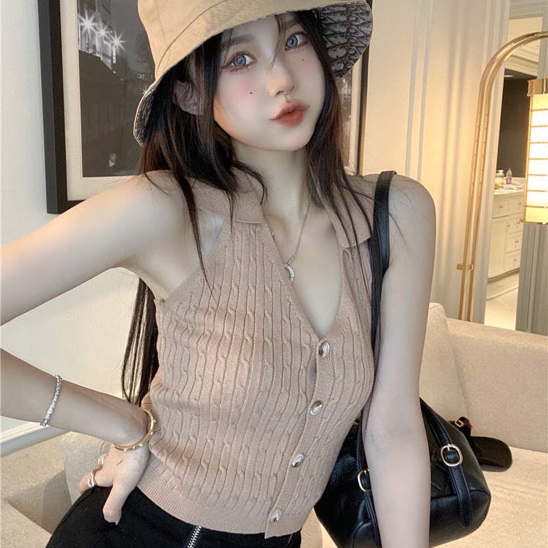 純欲性感掛脖v領polo小吊帶針織背心女內搭夏季無袖短款上衣外穿