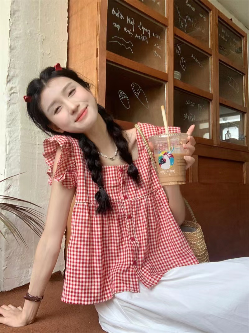 法式方領格子小飛袖襯衫女夏季襯衣設計感小眾娃娃衫寬鬆短款上衣