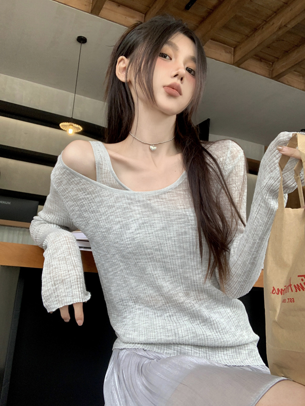 Real shot of fake two-piece ice silk temperament hollow long-sleeved knitted sun protection shirt thin wide-leg blouse