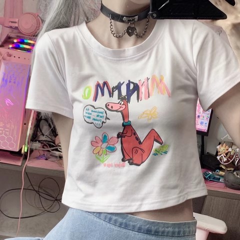 Short tops for women 2024 summer new ins trendy ghost horse style fun slim-fitting navel-baring short-sleeved t-shirts for women students