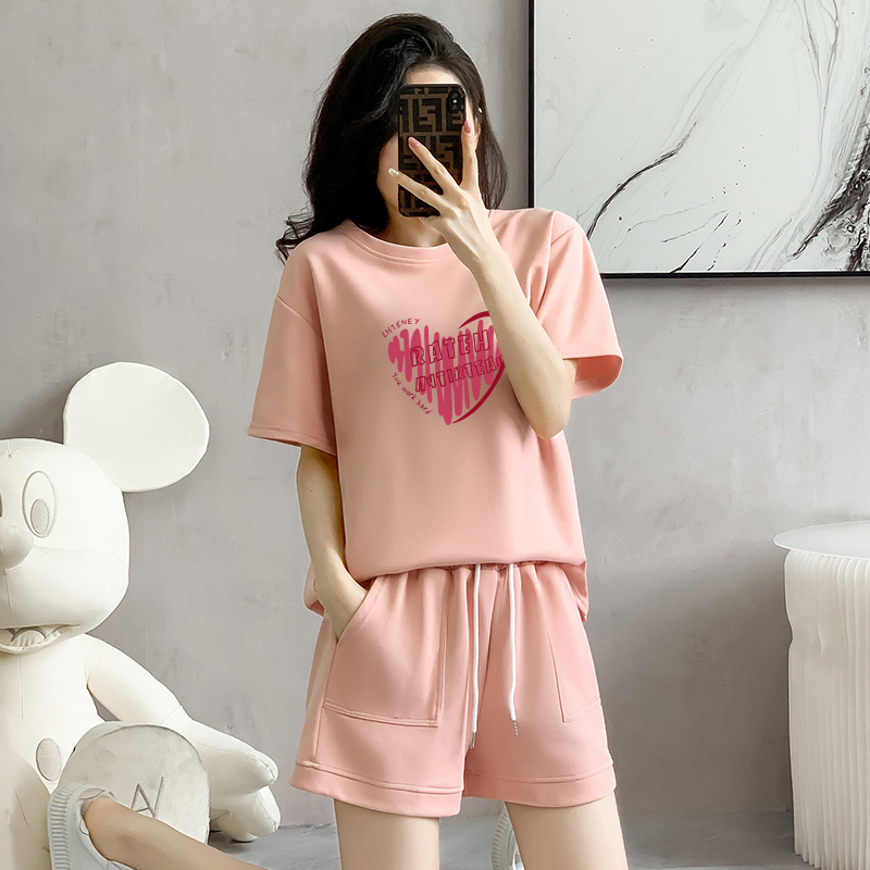 Cotton pique sports suit short-sleeved shorts women's summer new loose age-reducing design casual running two-piece set