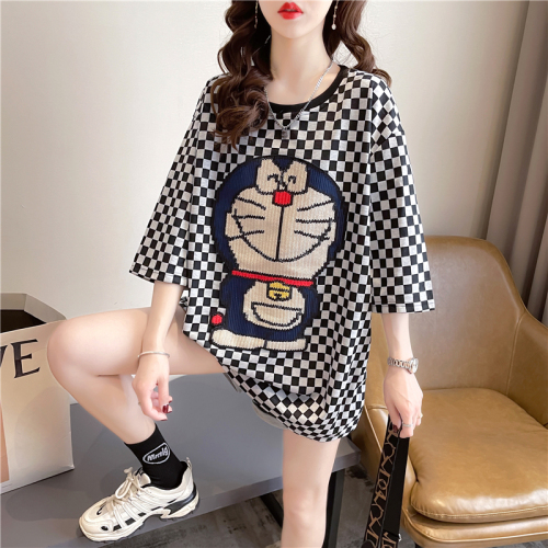 Real shot summer Korean style loose round neck cartoon embroidered plaid top mid-length large size short-sleeved T-shirt for women