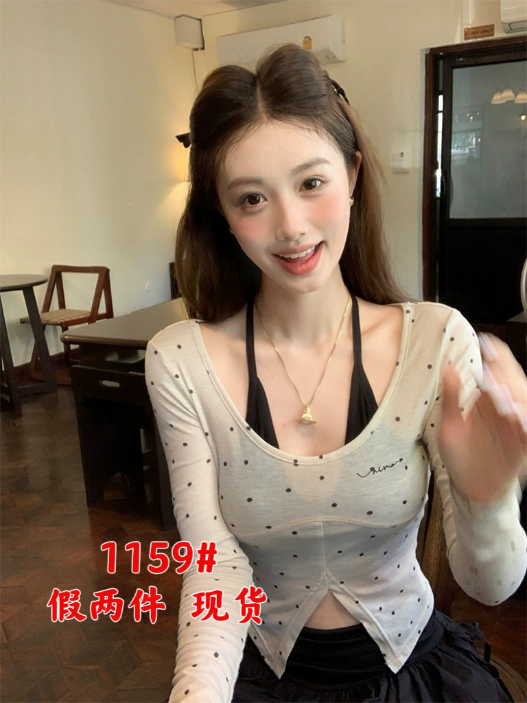 NIMOWANG純欲達人假兩件甜辣小上衣女春夏顯瘦短款波點打底衫