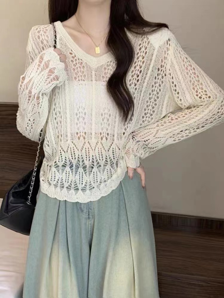 Thin hollow long-sleeved sweater for women, autumn new style, lazy design, trendy outer wear sun protection blouse