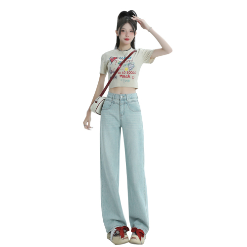 Actual shot of 2024 spring and summer new jeans women's niche design high-waisted loose straight pants