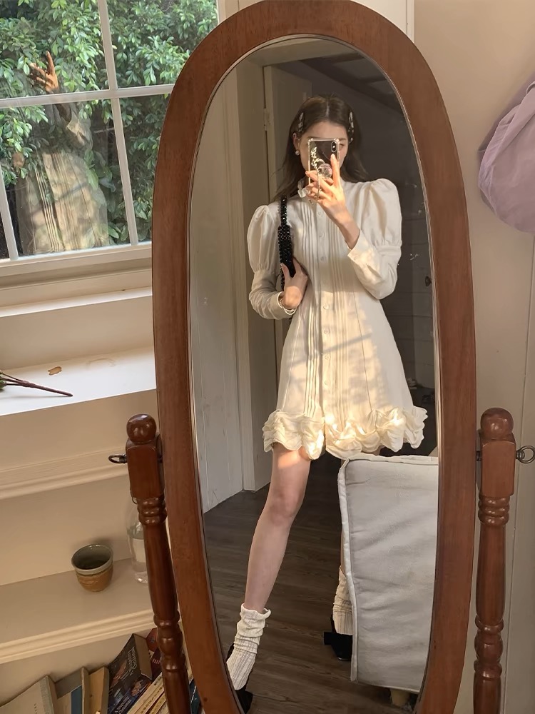 SourceWithU 博洛尼亞畫展 原創藝術生雙層花邊連衣裙女白色裙子