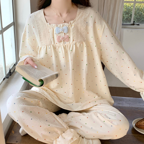Actual shot of spring and summer cloud cotton jacquard pajamas square collar sweet internet celebrity casual suit can be worn as home clothes