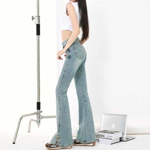 Real shot side slit slightly flared jeans for women 2024 spring new style slimming and versatile horse hoof pants