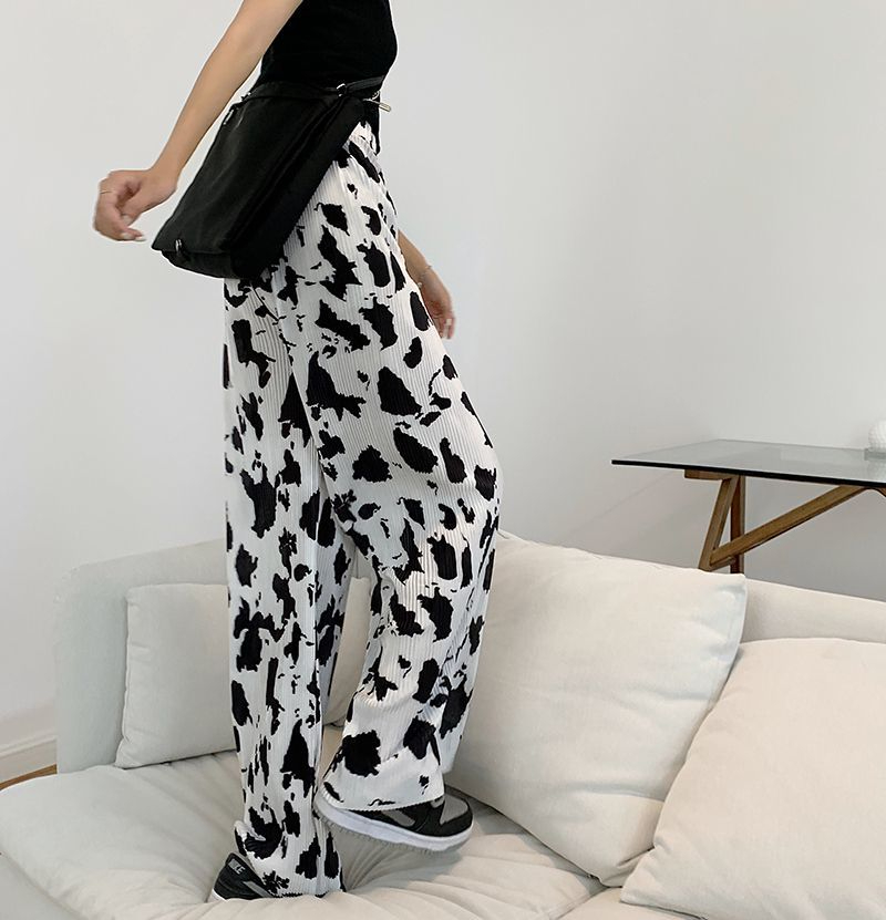 Cow pattern straight pants women's loose pleated floor-length pants style new Korean style casual pants wide legs high waist drape
