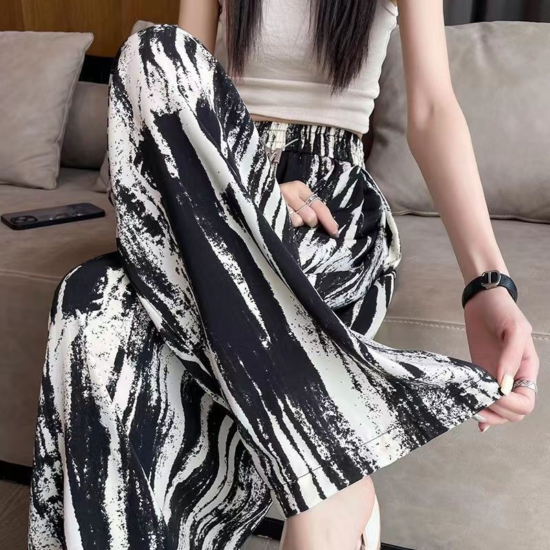 冰絲扎染闊腿褲女夏季薄款高腰垂感慵懶風直筒寬鬆顯瘦休閒拖地褲
