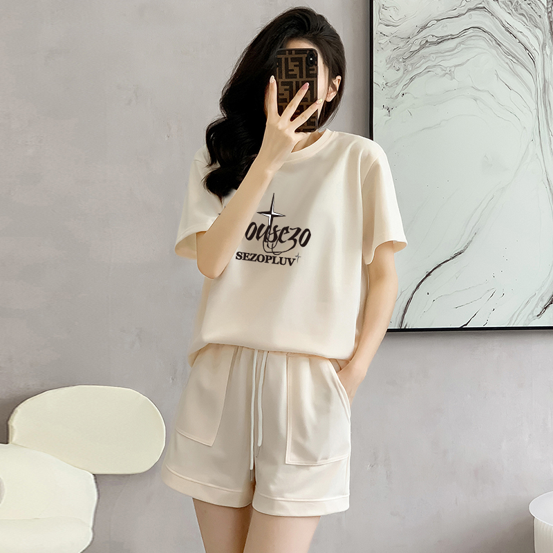 Cotton pique sports suit short-sleeved shorts women's summer new loose age-reducing design casual running two-piece set