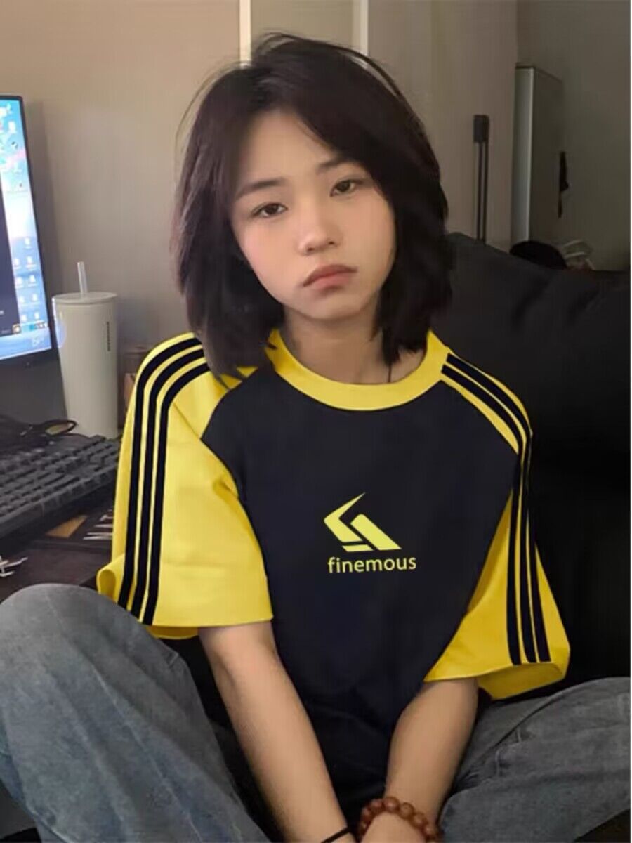 純棉200克21支精梳精密前 印花拼色三條槓落肩短袖t恤女