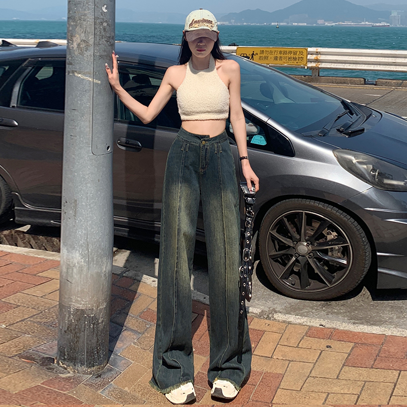 實拍~2024美式設計款復古寬鬆闊腿褲垂感百搭直筒拖地牛仔褲女ins