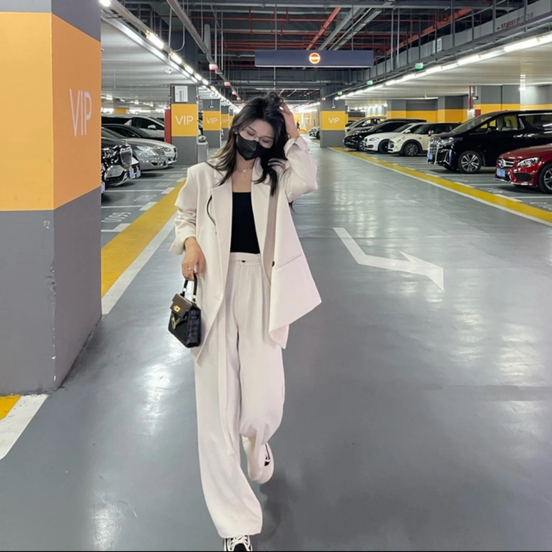 2024春秋新款寬鬆高級感氣質西裝套裝女粉色廓形西裝闊腿褲