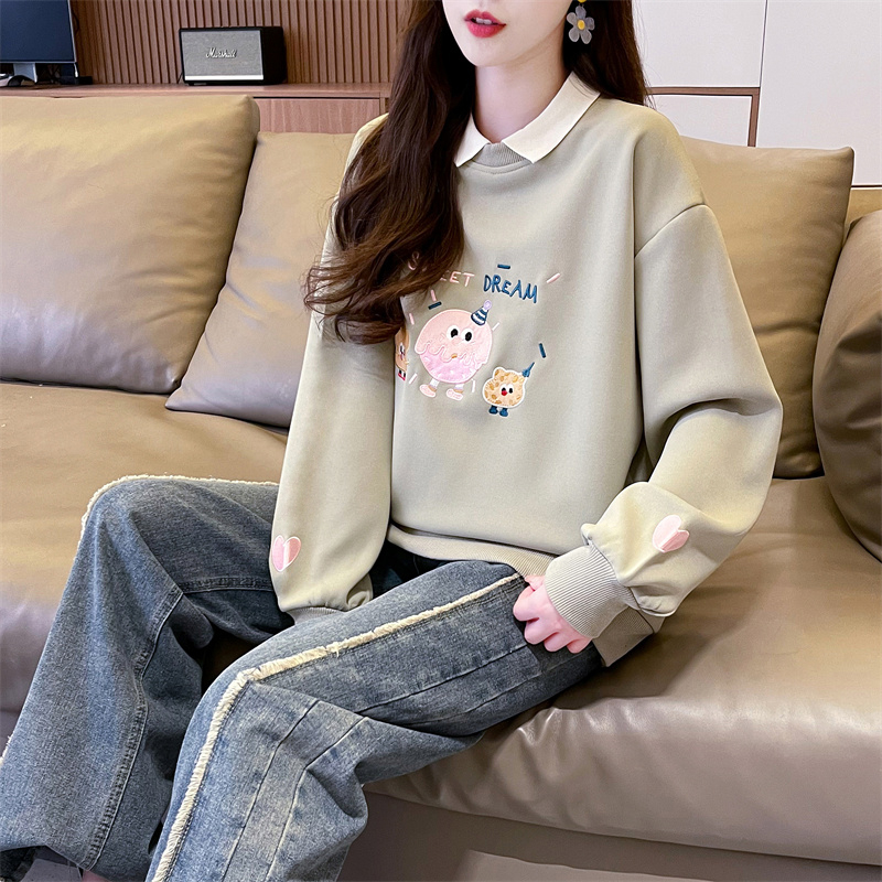 Real shot polo collar fake two-piece sweatshirt for women new spring and autumn style loose design top trendy