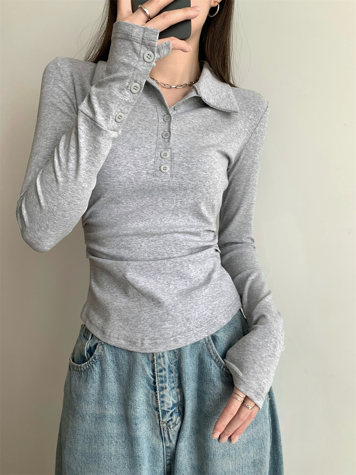 實拍 春季韓版氣質修身polo領紐扣設計感純棉長袖T恤上衣女