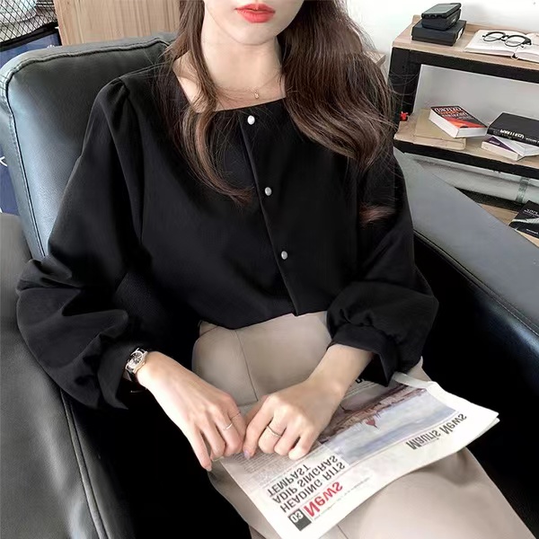 設計感小眾上衣女2024春季新款韓版復古方領長袖黑色襯衫打底衫潮