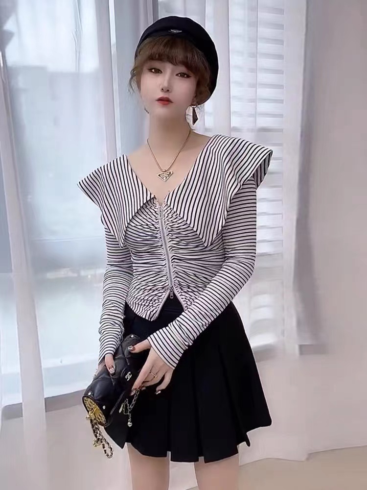 Navy collar double zipper striped knitted cardigan for women spring and autumn Korean version slimming design doll collar T-shirt